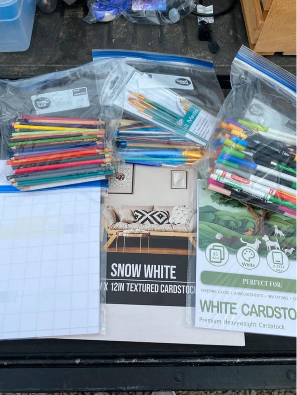 Mixed Crafting Lot with Cardstock, Markers, Colored Pencils & Paint Brushes